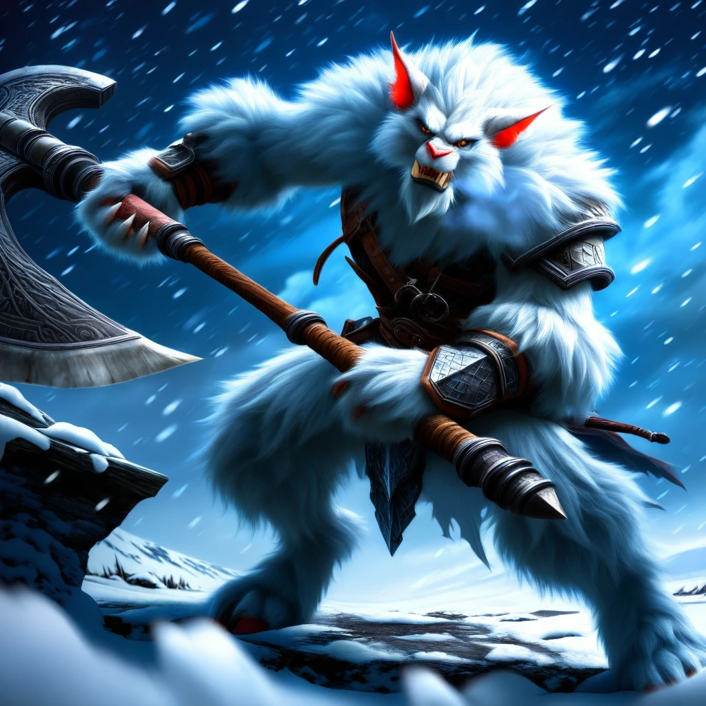 bugbear, heavy fur armor, snowstorm, dynamic pose, two-handed axe, snow-covered battlefield, intense expression, cold blue lighting, visible breath, ultradetailed, epic fantasy art, widescreen angle<lora:Bugbears - illustrious:1> buggies