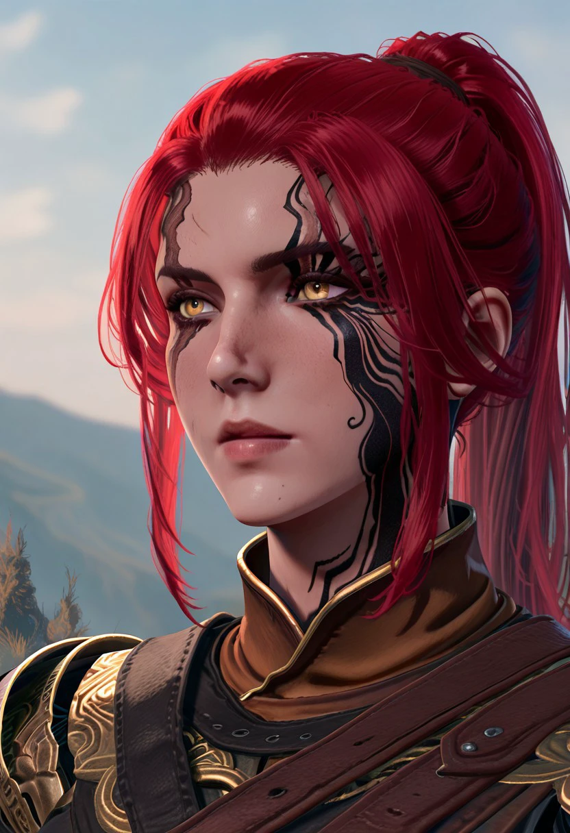 masterpiece, best quality, newest, absurdres, highres, anime, anime style, DreadfogTattoBG3-IL.V1.0, tattoo, face tattoo, 1girl, millicent \(elden ring\), yellow eyes, red hair, long hair, ponytail, scar, prosthetic arm, single mechanical arm