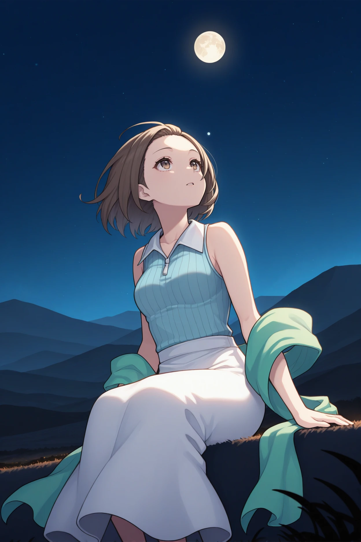 masterpiece, best quality, 1girl, solo, <lora:ffellone-illu-nvwls-v1-000007:1> ffell, brown hair, short hair, forehead, brown eyes, light blue shirt, ribbed shirt, sleeveless shirt, green shawl, white skirt, long skirt, night sky, looking up, sitting, hills, moon, stars