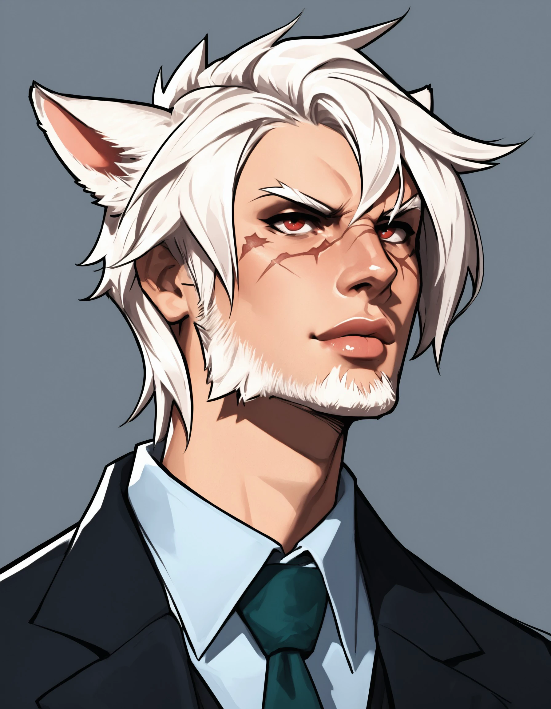 score_9, score_8_up, score_7_up, score_6_up, score_5_up, 3KK4T14, animal ears, 1boy, male focus, solo, facial hair, red eyes, necktie, cat ears, scar, beard, miqo'te, looking at viewer, white hair, portrait, scar on face, angry expression, <lora:05b4ee60-e7e4-4acf-8aa7-d7a6dc9f4242:0.7>