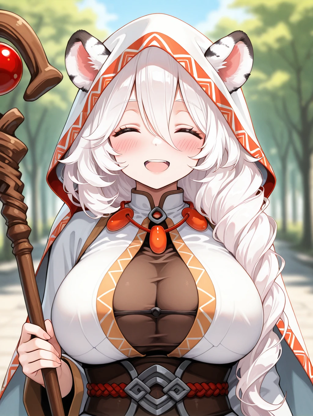 kanna, 1girl, solo, long hair, blush, smile, open mouth, large breasts, holding, animal ears, hair between eyes, jewelry, closed eyes, upper body, braid, white hair, :d, teeth, hood, necklace, blurry, blurry background, staff, holding staff, tiger ears


masterpiece, best quality,amazing quality, very aesthetic, absurdres, depth of field, blurry background, extremely detailed face, detailed eyes