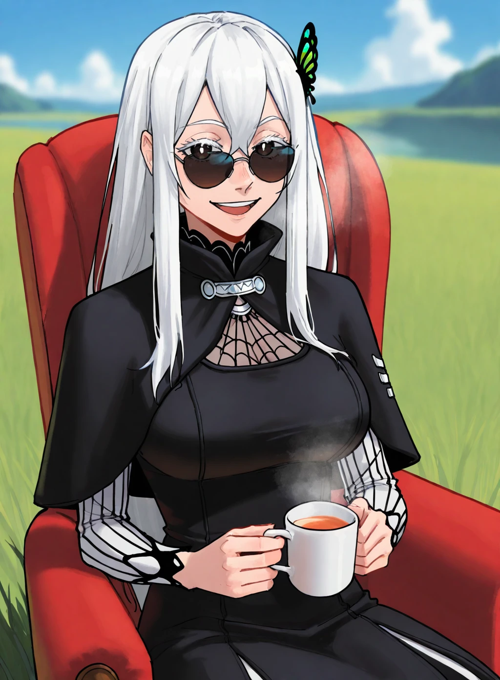 1girl, Sainttufa, 1girl,echidna_locon, 1girl, butterfly hair ornament, long hair, solo, hair ornament, colored eyelashes, capelet, black capelet, silk hair, black dress, sitting in an armchair, black sunglasses, smile, open mouth, holding a cup of tea, , steaming cup, blue sky, grass, saturated, depth of field, cinematic, masterpiece, looking at viewer, best quality, good quality, newest, highres, absurdres, cowboy shot, <lora:Sainttufa_IL_v1:0.7> ,<lora:il_saturation_slider_d1:-1>,  <lora:Echidna_Locon:0.7>