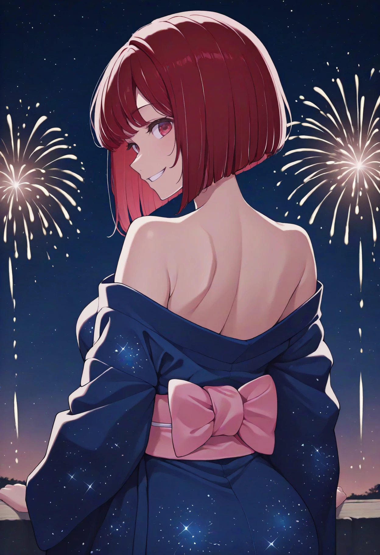 anime, masterpiece, best quality, from behind, solo, 1girl, k4narnd, grin, looking back, medium hair, red hair, bob cut, inverted bob, red eyes, japanese clothes, blue kimono, starry sky print, print kimono, off shoulder, pink sash, bare shoulders, outdoors, night, fireworks
<segment:yolo-Anzhc Face seg 640 v2 y8n.pt,0.4,0.5//cid=1>