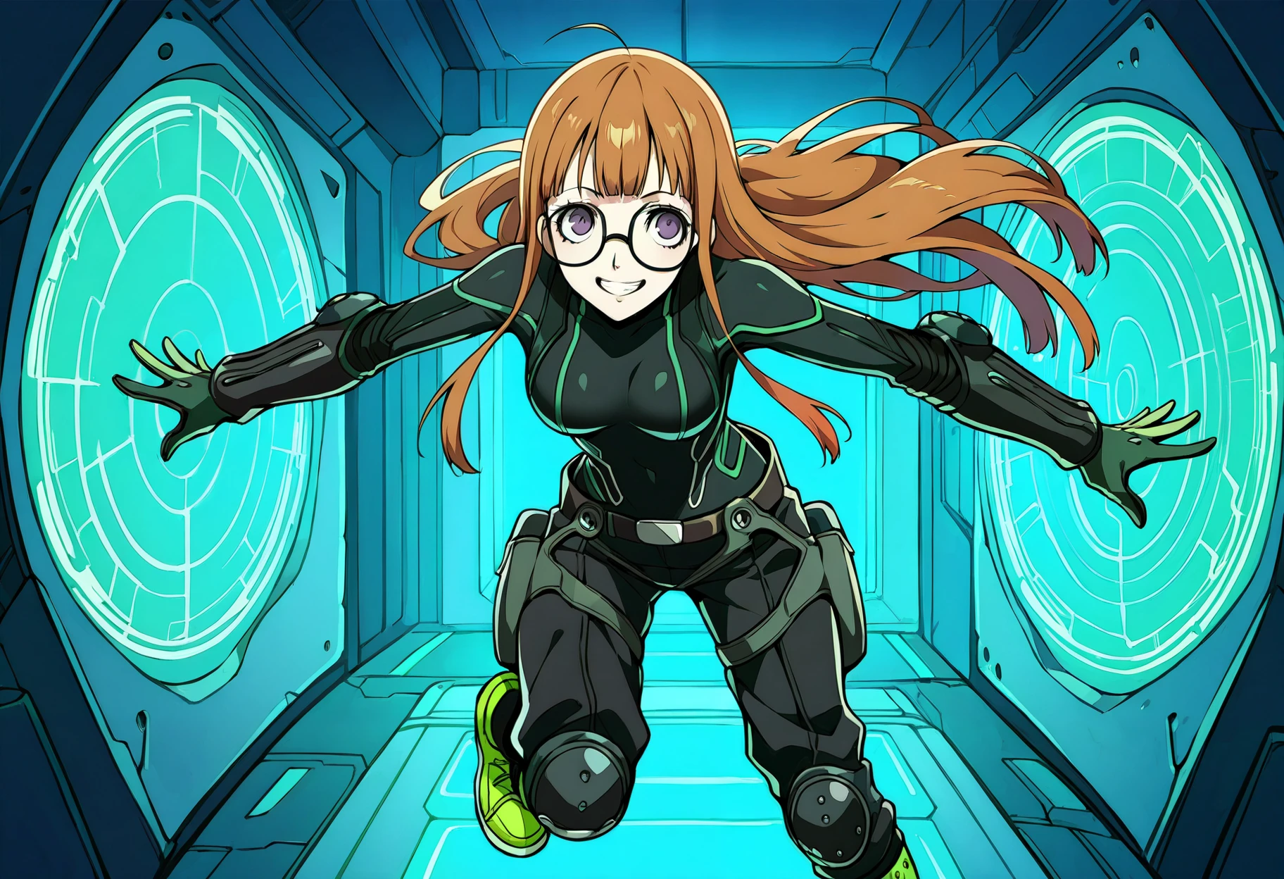 1 girl, solo, cute face,
p5futaba, sakura futaba, long hair, blunt bangs, orange hair, ahoge, purple eyes,
p5futaba-oracle, black bodysuit, glasses, gloves, green gloves, belt, knee pads, neon trim, green footwear,
laboratory, floating in the air, facing viewer, big grin, teeth, v
masterpiece, best quality, ultra detailed, thin outlines