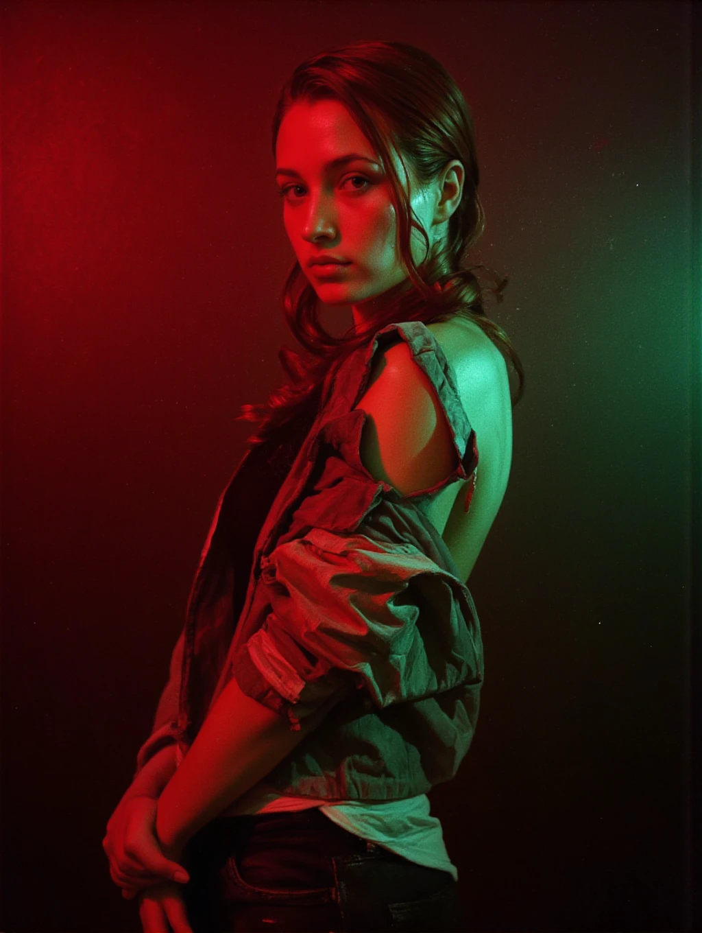 A stunning young woman with fiery red hair cascading down her back, looking at viewer, portrait, covered with a slim open jacket that accentuates her athletic physique, a fog that cast a warm, neon-lit ambiance of red and (green:2) on her strong, determined facial expression, photographed with a gritty, high-grain film aesthetic that adds a tactile, cinematic quality to the scene, a divine cosmic female power, a cosmic goddess, psychedelic cosmic horror, aura of power. detailed, <lora:blood-machines-v2:1> dgbl00dmach1n3sv2 style