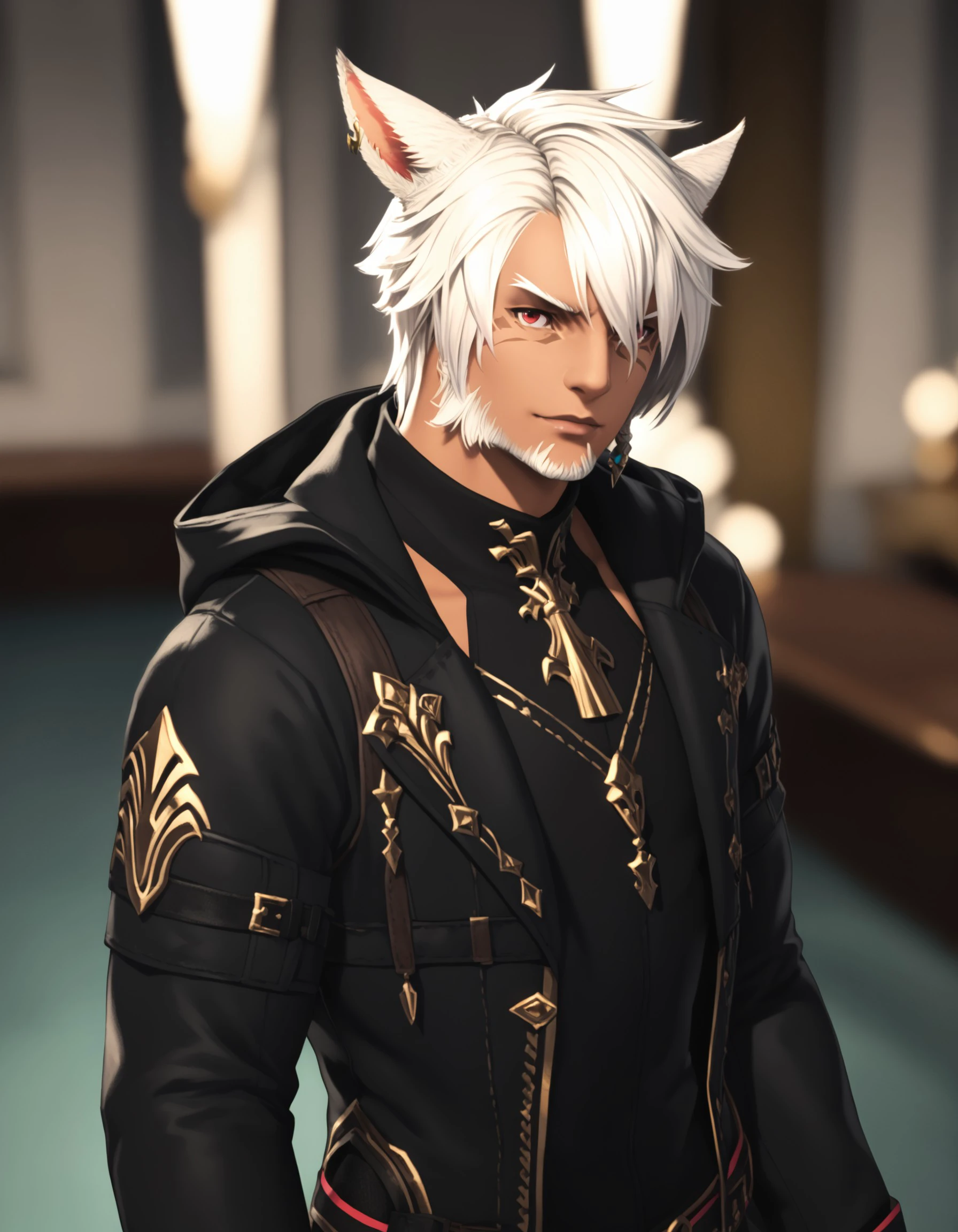 score_9, score_8_up, score_7_up, score_6_up, score_5_up, 3KK4T14, 1boy, animal ears, miqo'te, male focus, solo, blurry background, cat ears, earrings, facial hair, red eyes, jewelry, blurry, facial mark, beard, jacket, white hair, short hair, upper body, gloves, dark skin, cat boy, looking at viewer, black jacket, dark-skinned male, <lora:05b4ee60-e7e4-4acf-8aa7-d7a6dc9f4242:0.7>