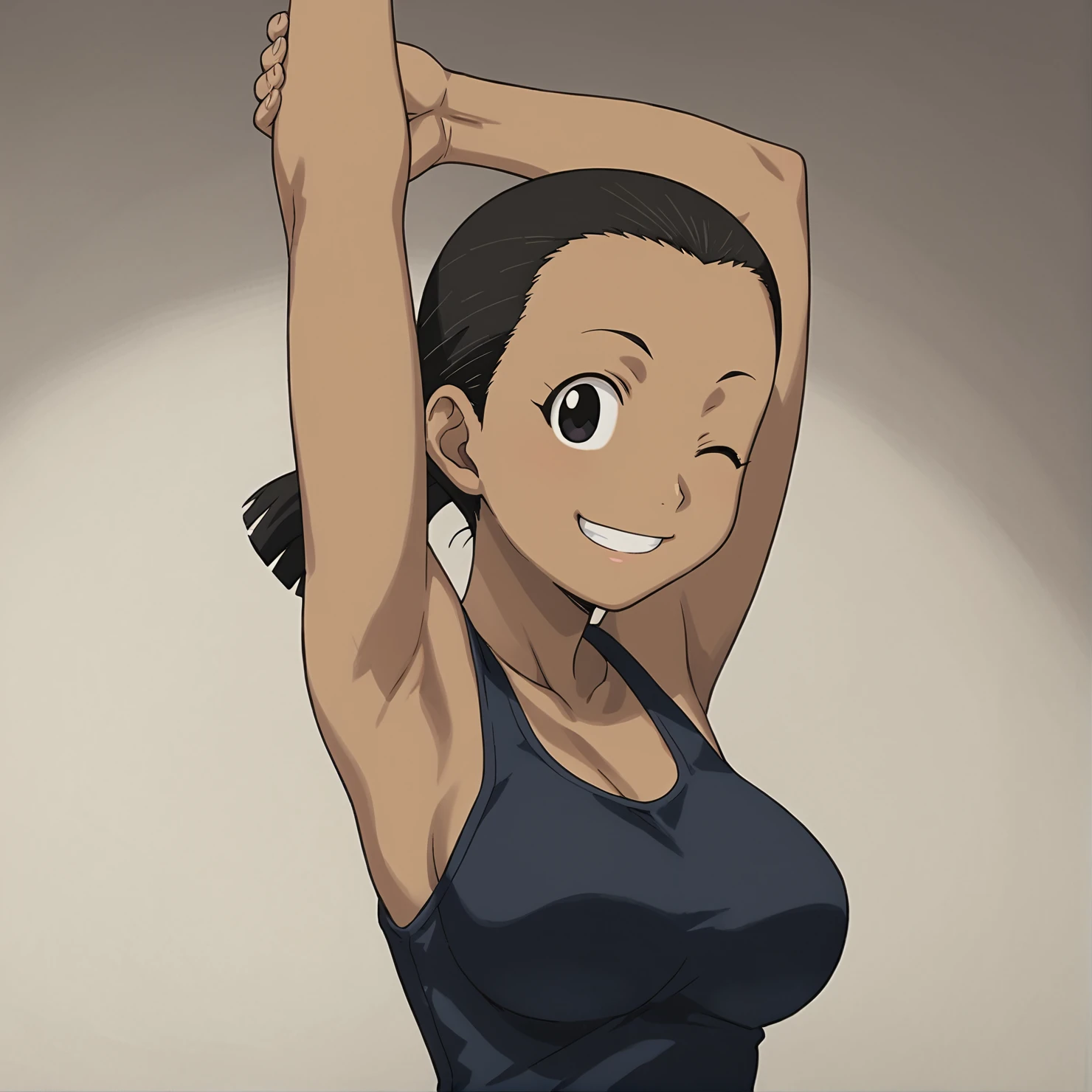 score_9, score_8_up, score_7_up, 1girl, solo, source_anime, aninyaFMA, dark-skinned female, tank top, black hair, black eyes, ponytail, <lora:PaninyaFMA:0.8> upper body, stretching, arm above head, hooding own arm,  looking at viewer, smiling, big breast, winks, female focus, from side, one eye closed, close up, profile picture,