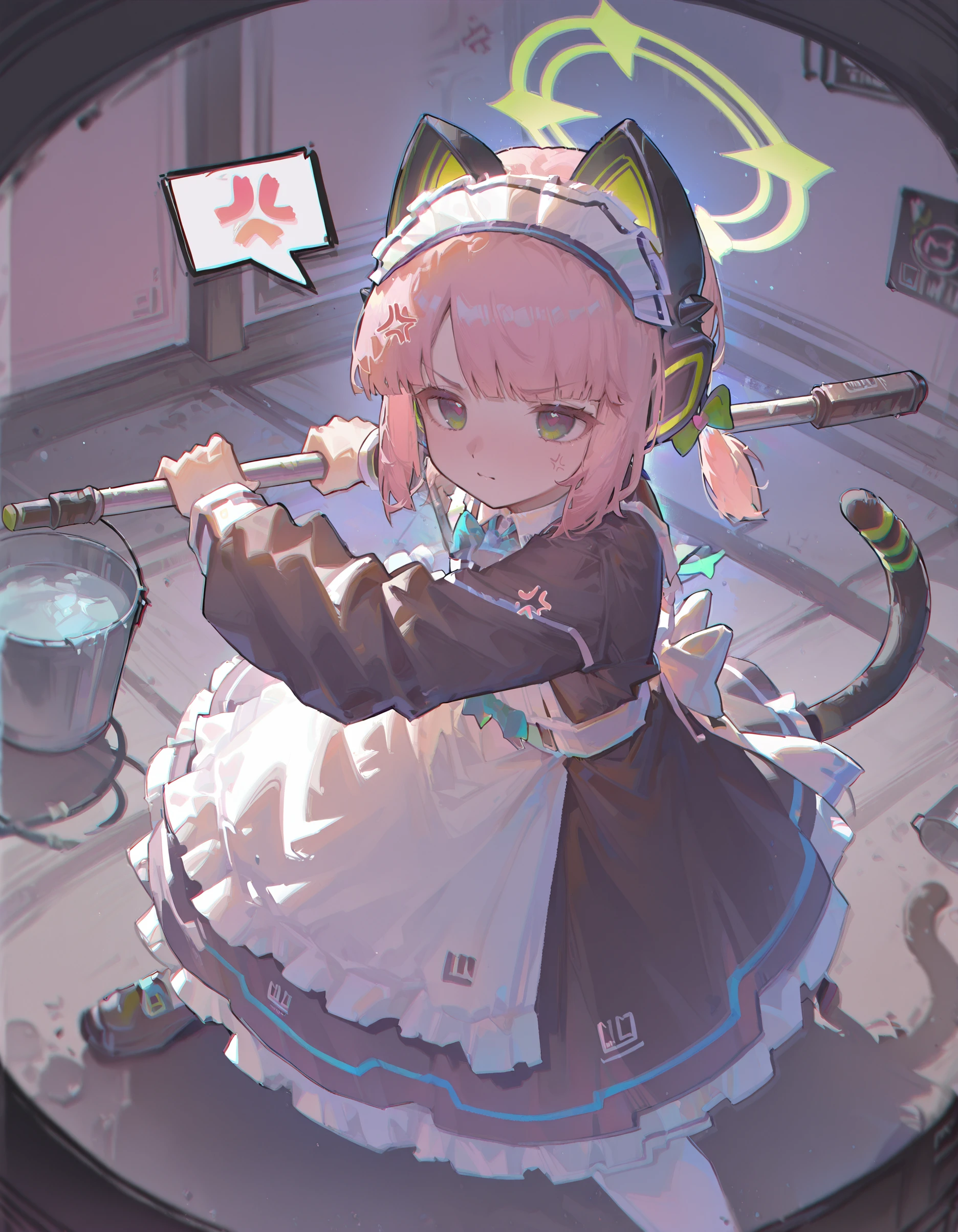 masterpiece, best quality, very aesthetic,newest, very awa, <lora:Y4ungpeng_style:1>,Y4ungpeng_illu, 1girl, animal ears, animal ear headphones, fake animal ears, green eyes, solo, anger vein, bucket, halo, apron, maid, dress, holding, pink hair, cat ear headphones ,blurry, blurry edges, chromatic aberration,  ,highly detailed,  8k, dynamic angle, illustration, intricate details,masterpiece, very aesthetic, absurdres,