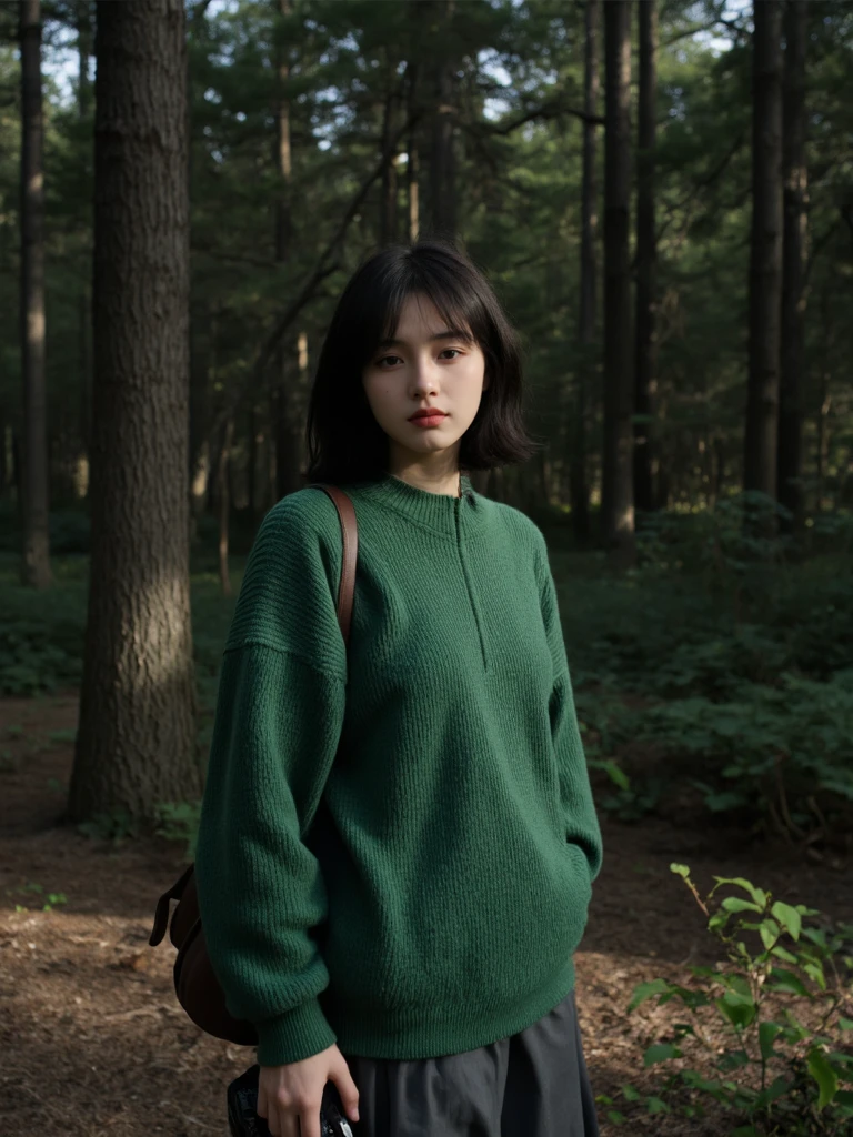 A girl wearing a green sweater stands in the forest, with strong contrast between light and shadow, film photography, holding a camera in her hand.,DonRatios