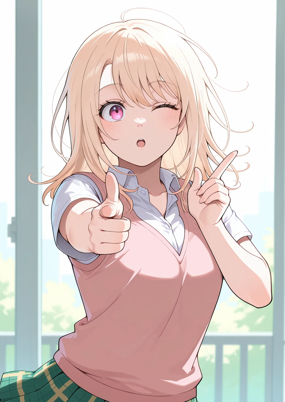masterpiece, best quality, 1girl. solo. <lora:IL_KawaiMona:1>, ilkawaimona, long hair, blonde hair, pink eyes, finger gun, one eye closed, :o, school uniform, white shirt, sweater vest, green skirt, pleated skirt, plaid skirt,