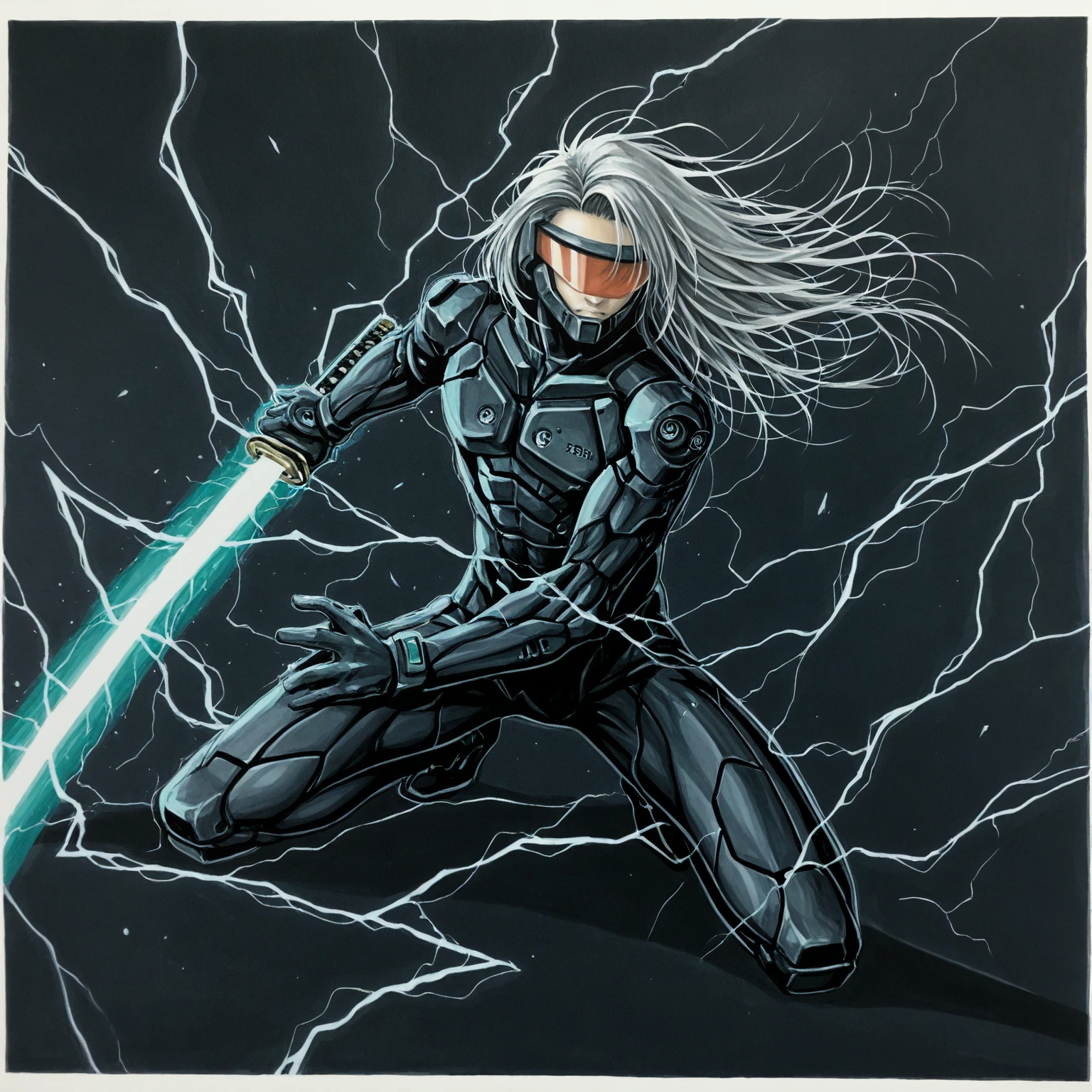 safe, masterpiece, very aesthetic, katsu, traditional media, science fiction, dark background, electricity
BREAK 1boy, long hair, visor, bodysuit, mechwear, katana, energy sword, wind, battoujutsu stance, fighting stance, ready to draw, (squatting:0.7)
 <lora:katsu_NAIXL_v11-000020:1>