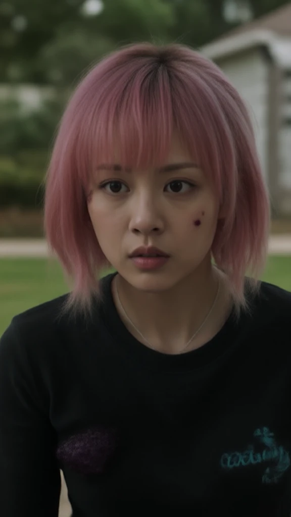 Sci-fi movie style. Post-apocalyptic daytime scene as the backdrop. The video features a slim, young Korean woman with short pink hair, wearing a black shirt and possessing a celebrity-like face. She looks at the camera and undergoes a transformation into a humanoid alien resembling a purple-red version of Venom. Her body is covered with purple-red liquid and tendrils, transforming her into a tall, slim figure with purple-red skin. She then sticks out her tongue to showcase her power. The camera slowly zooms in. High resolution, high quality, ultra-high fidelity.