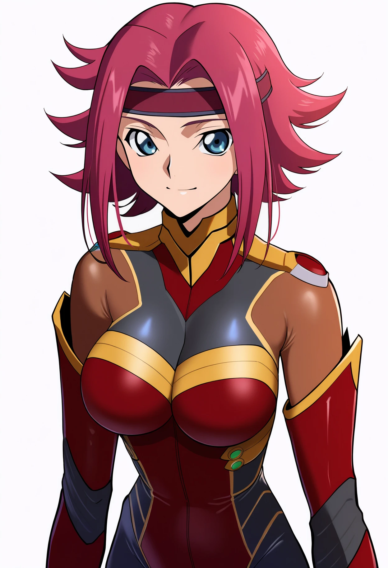 masterpiece, best quality, very aesthetic, absurdres,
1girl, kouzuki kallen, red hair, short hair, blue eyes,
flipped hair, headband,
bodysuit, pilot suit, red bodysuit,
upper body, smile, solo, looking at viewer, simple background, white background,  <lora:KallenKouzukiMovieNoobXL_byKonan:1>