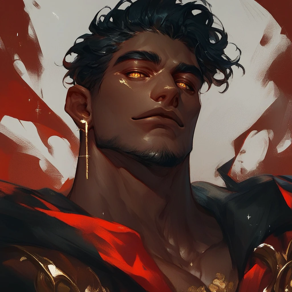 score_9, score_8_up, score_7_up, score_6_up, score_5_up, score_4_up, digital painting, semi-realistic, handsome man, black hair, dark skin, gold eyes, red theme, male focus, portrait