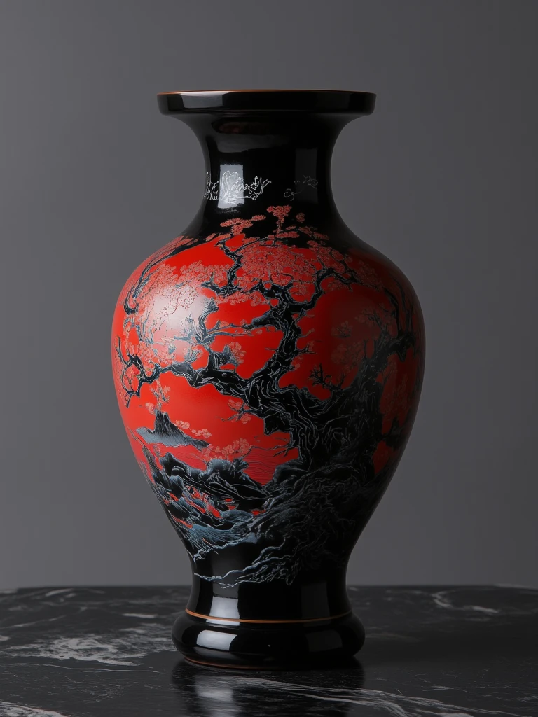 A black and red Chinese feng shui vase, placed on a minimalist new Chinese-style coffee table,chimeng