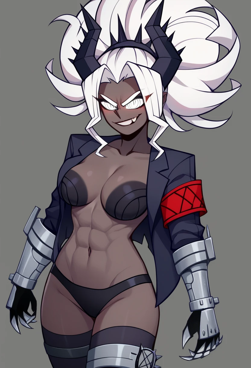 score_9, score_8_up, score_7_up, HornedNibblerStyle, htjudgement, dark skin, red armband, black bra, 1girl, toned body, abs, black panties, black thighhighs, horns, breasts, solo, demon girl, black demon horns, white hair, ponytail, simple background, jacket, smile, judgement helltaker, <lora:horned_nibbler_Gosha_Zubastick_Style:1> <lora:helltaker_judgement_ponyXL:0.8>