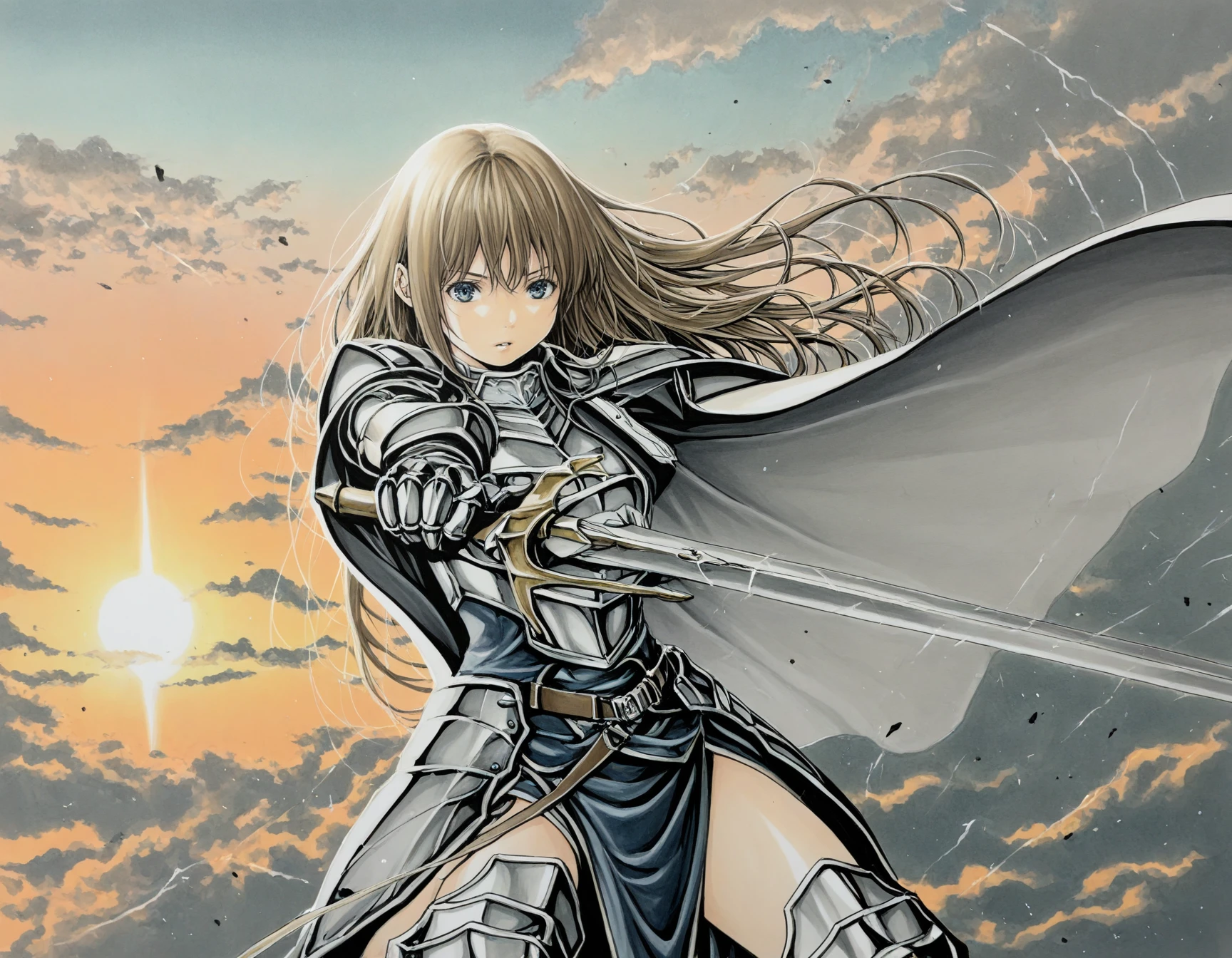 safe, masterpiece, very aesthetic, katsu, traditional media, sunset, clouds
BREAK 1girl, armor, cape, sword, action pose, wind
 <lora:katsu_NAIXL_v11-000020:1>