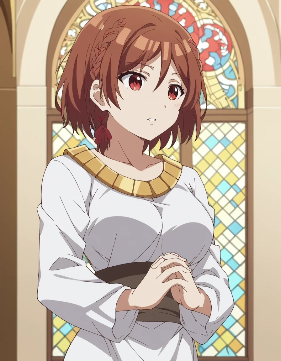 score_9, score_8_up, score_7_up, source_anime, <lora:akane-sakuramori-alpha-ponyxl-lora-nochekaiser:1>, akane sakuramori, short hair, brown hair, red eyes, braid, hair ribbon, medium breasts, anime screencap, <lora:buddhist-nun-ponyxl-lora-nochekaiser:1>, buddhist nun, nun, habit, vitakra mudra, mudra, coif, gold necklace, priestess,, church, parted lips, praying,, cowboy shot, , cowboy shot, solo
