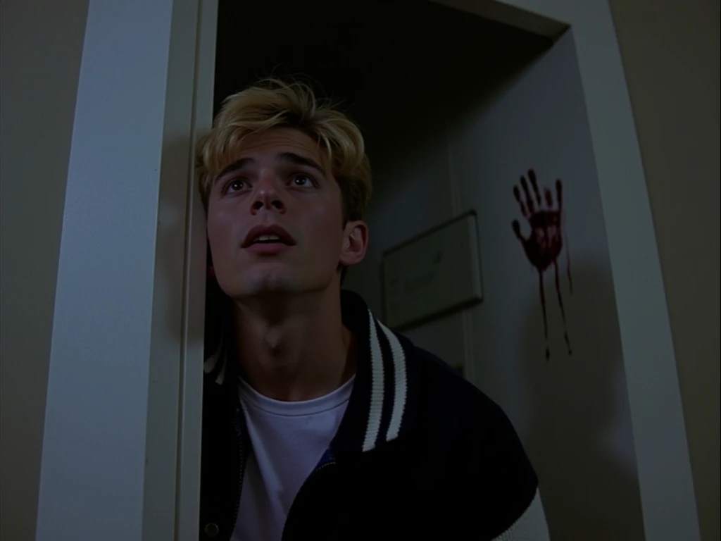 sl4sh3r style, a college jock wearing a letterman jacket is hiding behind a door, holding his head up, looking like he is struggling. The scene takes place in a dark mention. He has blonde hair. Bloody handprint on the door. 