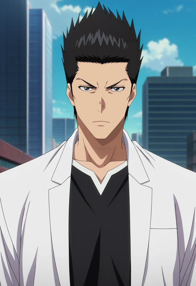 masterpiece, best quality, , anime screencap, anime coloring, official style, looking at viewer, 1boy, solo, male focus, <lora:isshin_kurosaki_ilxl:0.94>, isshin_kurosaki, black hair, black eyes, short hair, spiked hair, , ,