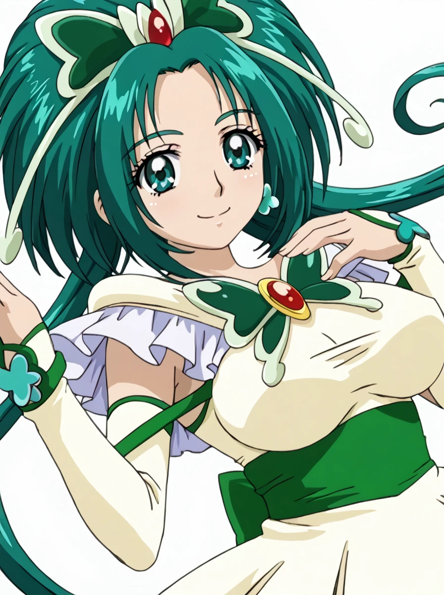 "(masterpiece:1.1), best quality,
1girl, (80s anime style:1.3), (eyelashes:1.5), (:1.2),
(intricate high detailed body:1.2),
(green hair:1.1), (bangs:1.1), (twin braids:1.1), (hair ornament:1.2),
purple eyes, (thick eyebrows:1.1),
(dark skin:1.2), (gigantic breasts:1.5),
(happy, smile:1.2), (blush:1.1), open mouth,
(silver embroidery leotard armor, criss-cross halter:1.2), (garter belt:1.2),
(belts:1.1), (hoop earrings:1.1), gloves,
standing, crossed arms,
(upper body, cowboy shot, looking at viewer, from front:1.1),
(simple white background:1.2)"