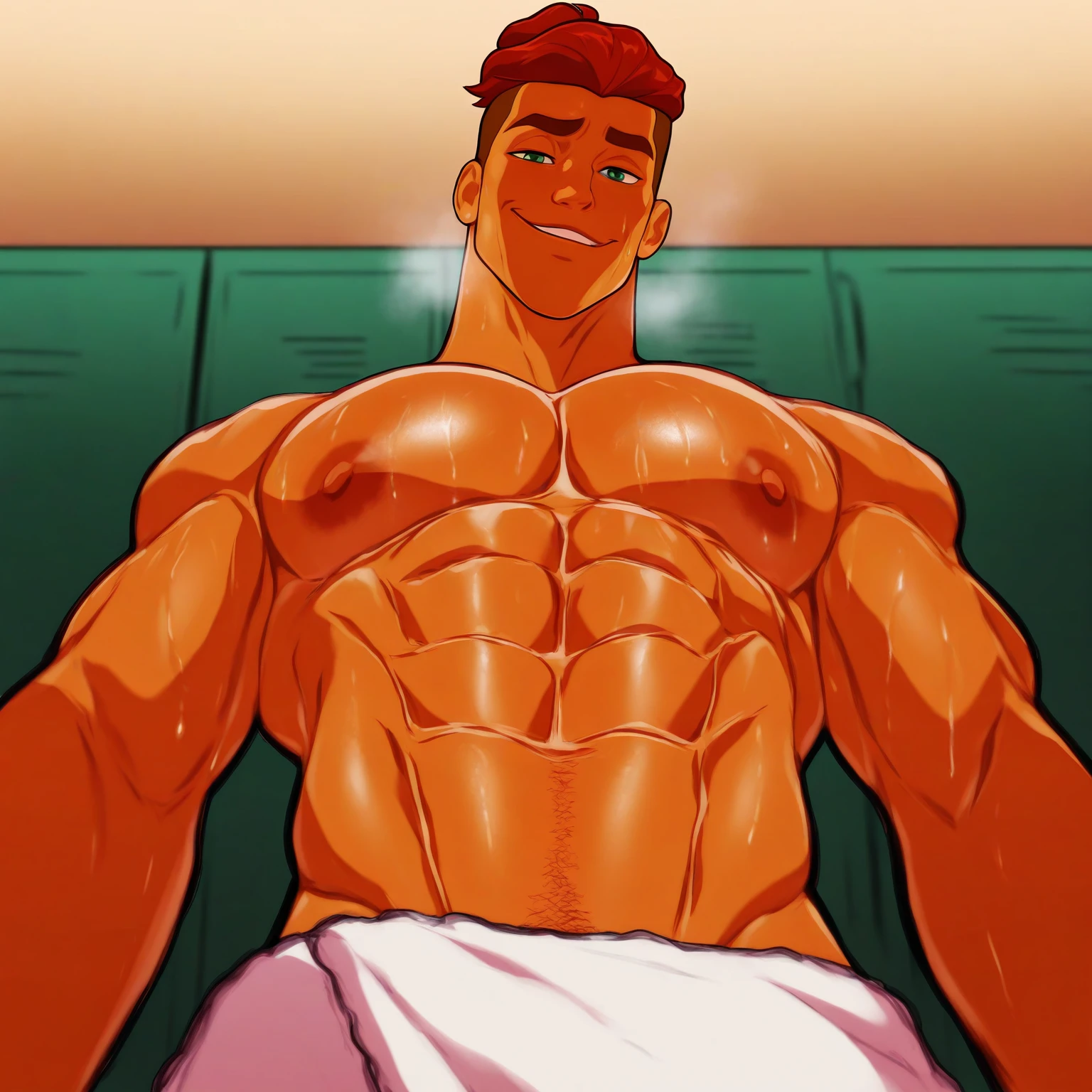 masterpiece, best quality, newest, absurdres, highres,
male, dizdoodz, solo, rex splode, tan skin, dark green eyes, dark red hair, undercut, hairbun, looking at viewer, upper body, smirk, lockeroom, low angle, white towel around hips, pecs, shirtless, steamy, sweating