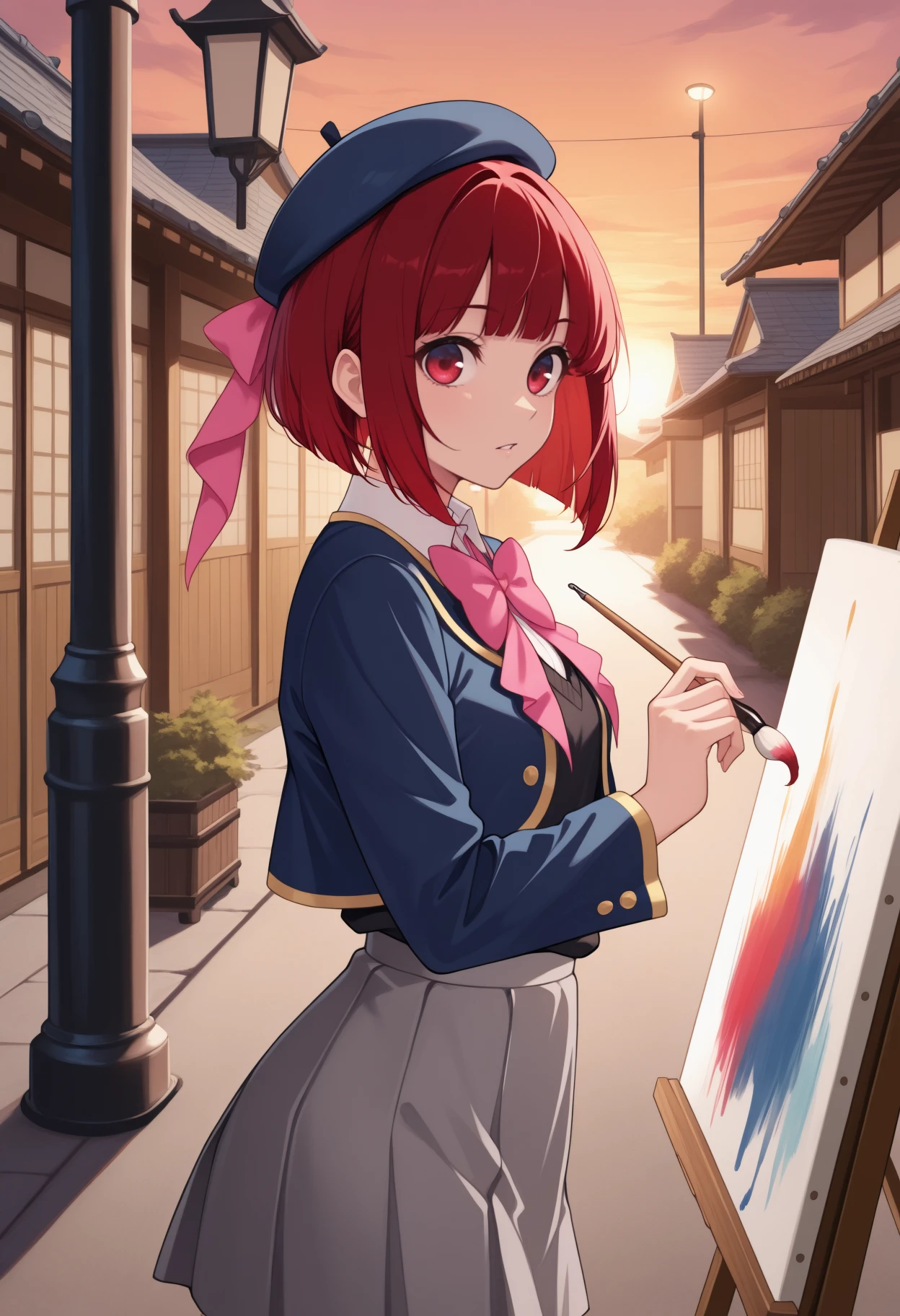 masterpiece, best quality, from side, solo, 1girl, k4nadef, parted lips, looking at viewer, standing, painting \(action\), holding paintbrush, medium hair, red hair, bob cut, inverted bob, blue headwear, beret, hat ribbon, pink ribbon, red eyes, school uniform, blue jacket, cropped jacket, open jacket, long sleeves, black sweater vest, white shirt, collared shirt, pink bowtie, grey skirt, outdoors, canvas \(object\), sunset, east asian architecture, house, condenser unit, road, lamppost, backlighting, shadow, scenery
<segment:yolo-Anzhc Face seg 640 v2 y8n.pt,0.4,0.5//cid=1>