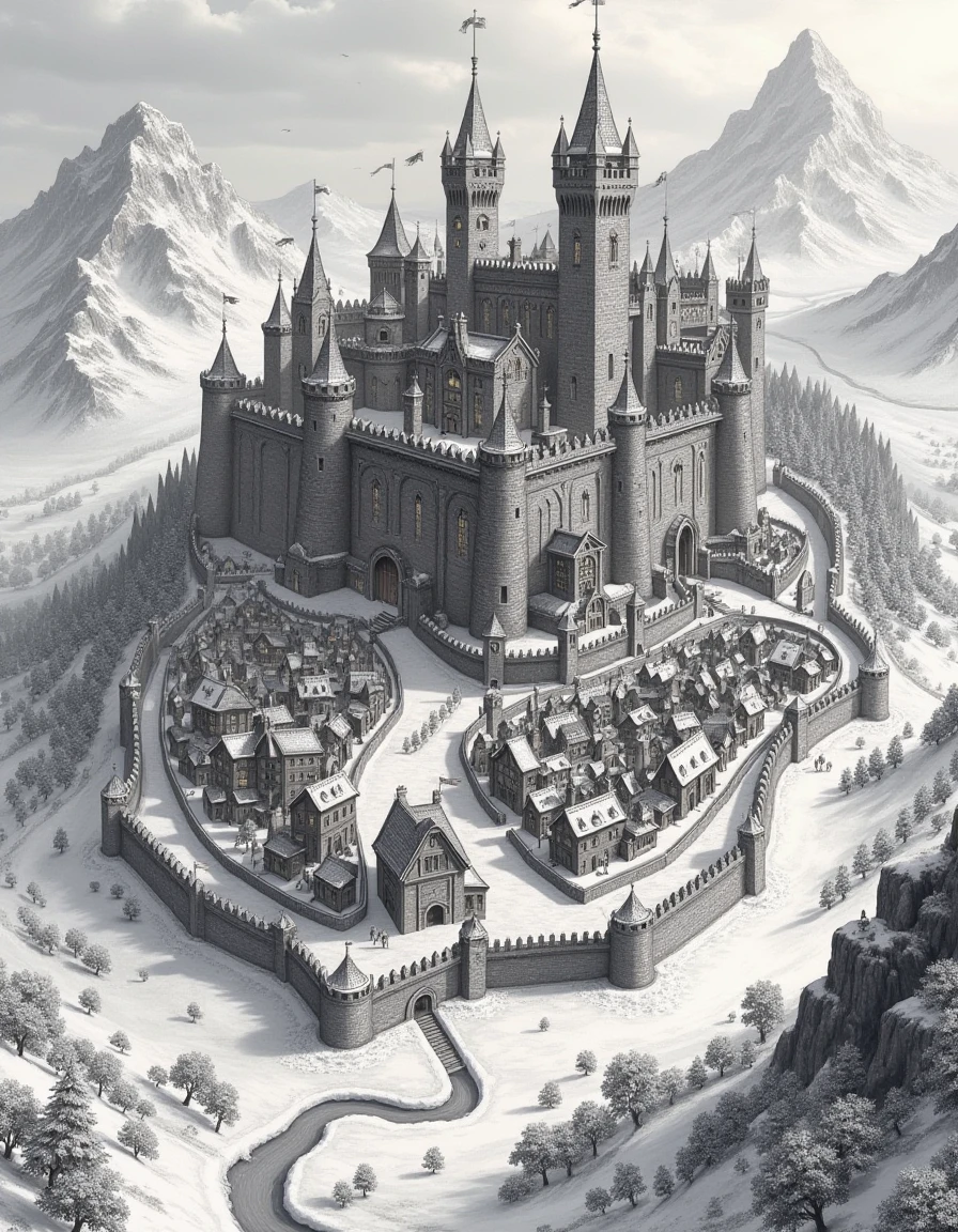 a dictymp map, a vintage cityscape engraving map, Winter Fortress City, A highly detailed bird's-eye map of a fortified medieval city blanketed in snow, with towering stone walls encircling the settlement. The central castle, with its tall towers and glowing windows, rises above the surrounding homes. Frozen rivers weave through the outskirts, and the map includes snow-laden forests and icy paths leading toward distant mountains under a gray, cloudy sky., <lora:city-maps_v12-000040:1>