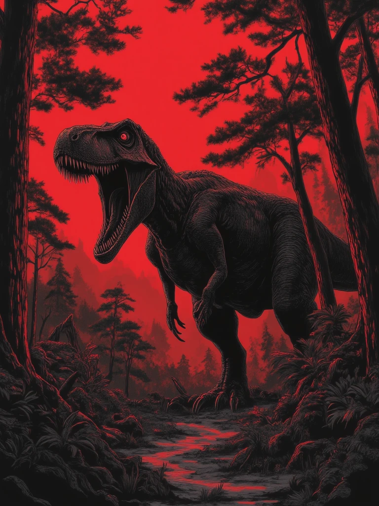 A black and red tyrannosaurus stands in a black and red forest.,chimeng