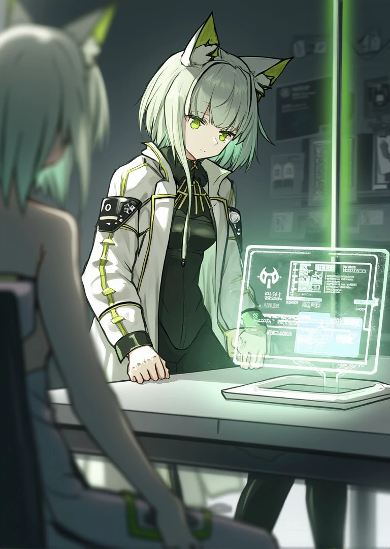 <lora:kaltsit-from-arknights-fluxv1:1.0> Kaltsit 
Description of characters/objects and their relationships:
Kaltsit is depicted in a futuristic medical lab, wearing a sleek, minimalist white lab coat over a form-fitting black bodysuit. Her outfit is adorned with glowing green accents, including medical insignias and lines that run along her sleeves. Across from her sits a humanoid patient with a holographic monitor displaying vitals hovering between them. Kaltsit leans slightly forward, her serious green eyes locked on the patient, holding a glowing medical datapad in one hand, ready to diagnose or discuss.
Style:
High-tech, sci-fi realism with a cold, clinical atmosphere. The metallic surfaces of the lab shimmer with a sterile sheen, while the holographic elements add a futuristic glow. Kaltsit’s outfit combines medical precision with a hint of elegance, making her appear both professional and authoritative.
Camera effects:
The camera is positioned at table level, focusing on Kaltsit’s intense expression and the glowing datapad. The depth of field blurs the patient slightly, keeping her as the focal point while allowing the holograms to add detail to the scene.