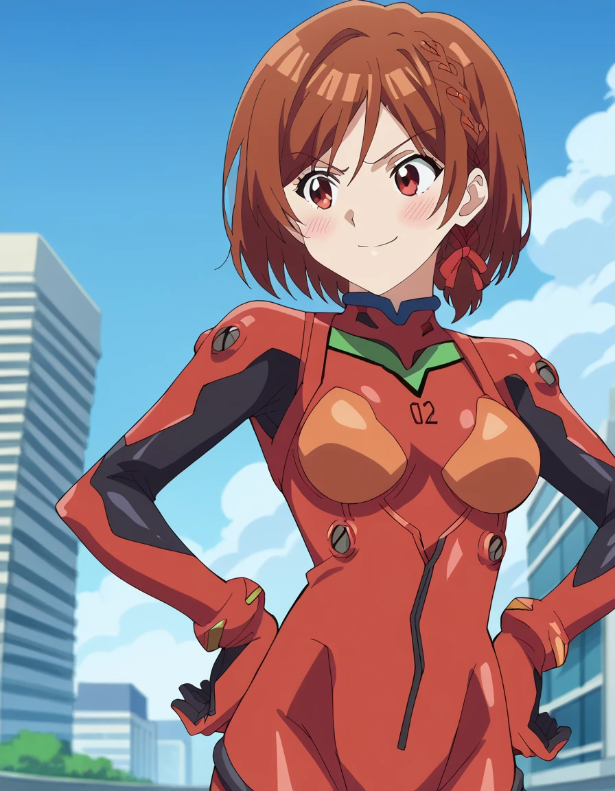 score_9, score_8_up, score_7_up, source_anime, <lora:akane-sakuramori-alpha-ponyxl-lora-nochekaiser:1>, akane sakuramori, short hair, brown hair, red eyes, braid, hair ribbon, medium breasts, anime screencap, <lora:souryuu-asuka-langley-cosplay-ponyxl-lora-nochekaiser:1>, souryuuasukalangleycosplay, souryuu asuka langley (cosplay), bodysuit, pilot suit, plugsuit, red bodysuit, interface headset,, cityscape, smile, blush, hands on hips,, , cowboy shot, solo