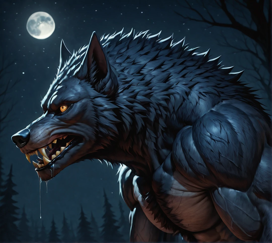 detailed face, detailed body, detailed background, perfect hands, perfect anatomy, masterpiece, high quality, best quality,
dark forest, night time, stars, moon, portrait, close up, (three quarter view), side view,
w3rewolf, [werewolf], monster, scary, horror, muscular, sharp teeth, black scelra, claws, mottled skin, pitch black fur, black skin, ((closed mouth)), drool, saliva, saliva strand, 
<lora:Werewolf for Illustrious:0.75>