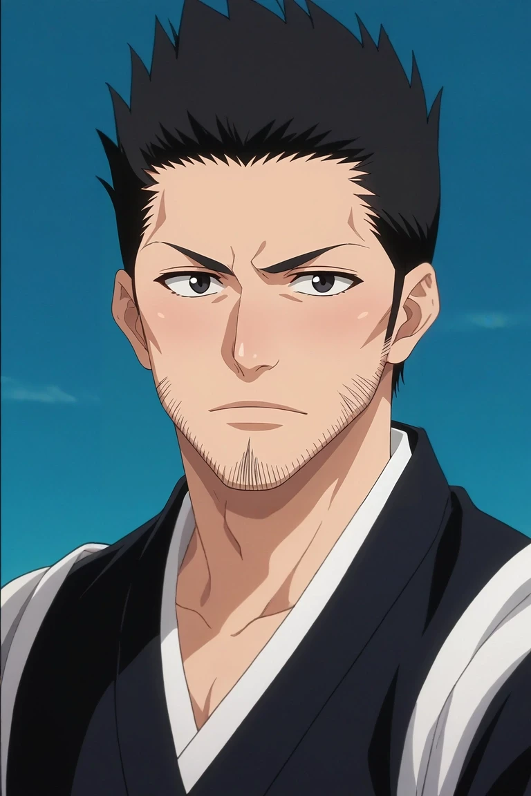 score_9, score_8_up, score_7_up, source_anime, rating_safe, intricate details, anime screencap, anime coloring, official style, looking at viewer, 1boy, solo, male focus, <lora:isshin_kurosaki_pony:0.92>, isshin_kurosaki, black hair, black eyes, short hair, spiked hair, facial hair, stubble, beard, , gothic costume, <lora:sdxl_lightning_8step_lora:1>