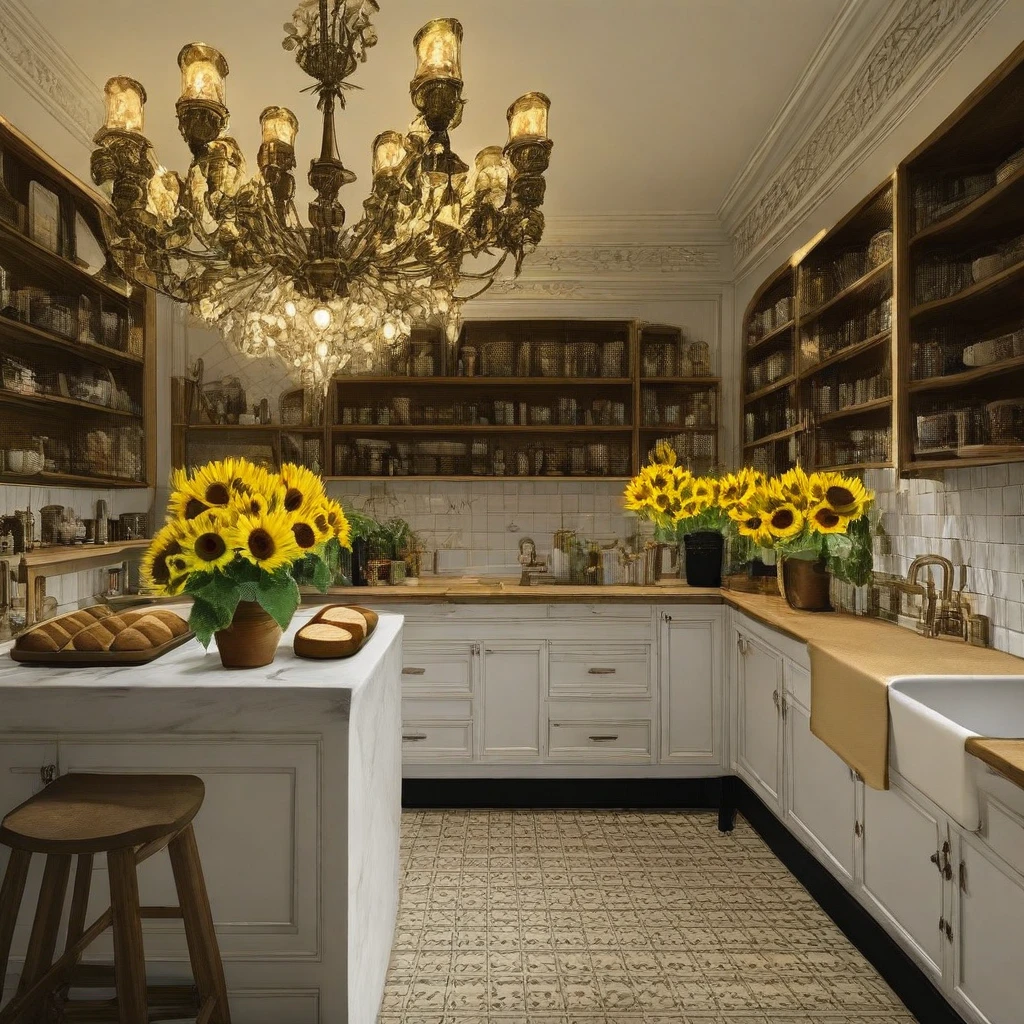 chandelier, shelf, bathroom, chair, flower, stool, sunflower, bread, cup