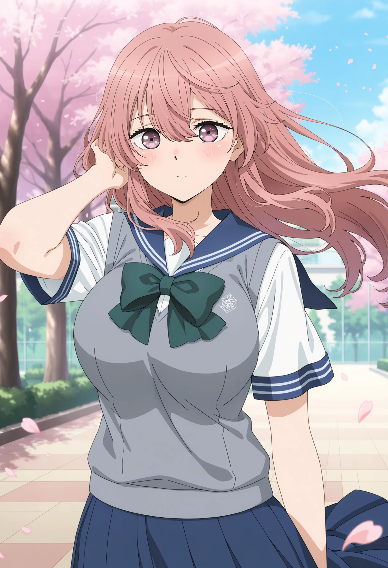 anime screencap, masterpiece, best quality,
<lora:SonoBisqueDoll_InuiShinju_IlluXL:0.9>,
1girl, solo, closed mouth, adjusting hair, floating hair, blush,
long hair, hair between eyes, pink hair, multicolored eyes,
ShinjuSchool, serafuku, blue sailor collar, white shirt, green bow, short sleeves, sweater vest, grey vest, pleated skirt, long skirt, blue skirt,
large breasts,
standing, looking at viewer, cowboy shot,
outdoors, school, tree, blue sky, petals