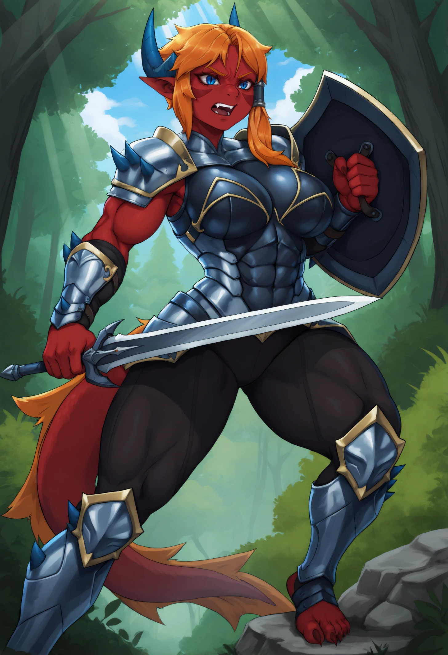 masterpiece, best quality, 1girl, dragon girl, two-tone skin, colored skin, red skin, body markings, blue spikes, dragon horns, blue horns, blue eyes, fang, orange hair, short hair, single sidelock, single hair tube, lizard tail, red tail, large breasts, sharp nails, nail polish, muscular female,
knight, full armor, shoulder armor, pauldrons, black breastplate, silver armor, faulds, black leggings, greaves, vambraces,
roaring, smile, serious, open mouth, teeth, holding long sword, holding shield, fighting stance, 
outdoors, forest, day, summer, sunbeam, blue sky, clouds, tree, bush, rock,
<lora:Arklai-Croxot-NoobAi-1.1_V1-Manityro-CAME:1.0>