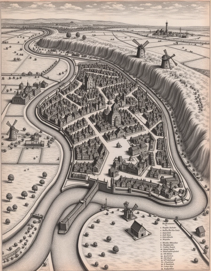 a dictymp map, a vintage cityscape engraving map, Riverside Trade Hub, A panoramic map of a thriving riverside city situated along a wide, gently curving river. The map features a large central marketplace bustling with activity, flanked by rows of artisan workshops and homes. Detailed docks line the riverbank, filled with moored boats and cargo. Stone bridges arch over the river, connecting the two halves of the city. Surrounding fields stretch into the countryside, dotted with windmills and farmhouses under a sunny sky., <lora:city-maps_v12-000040:1>