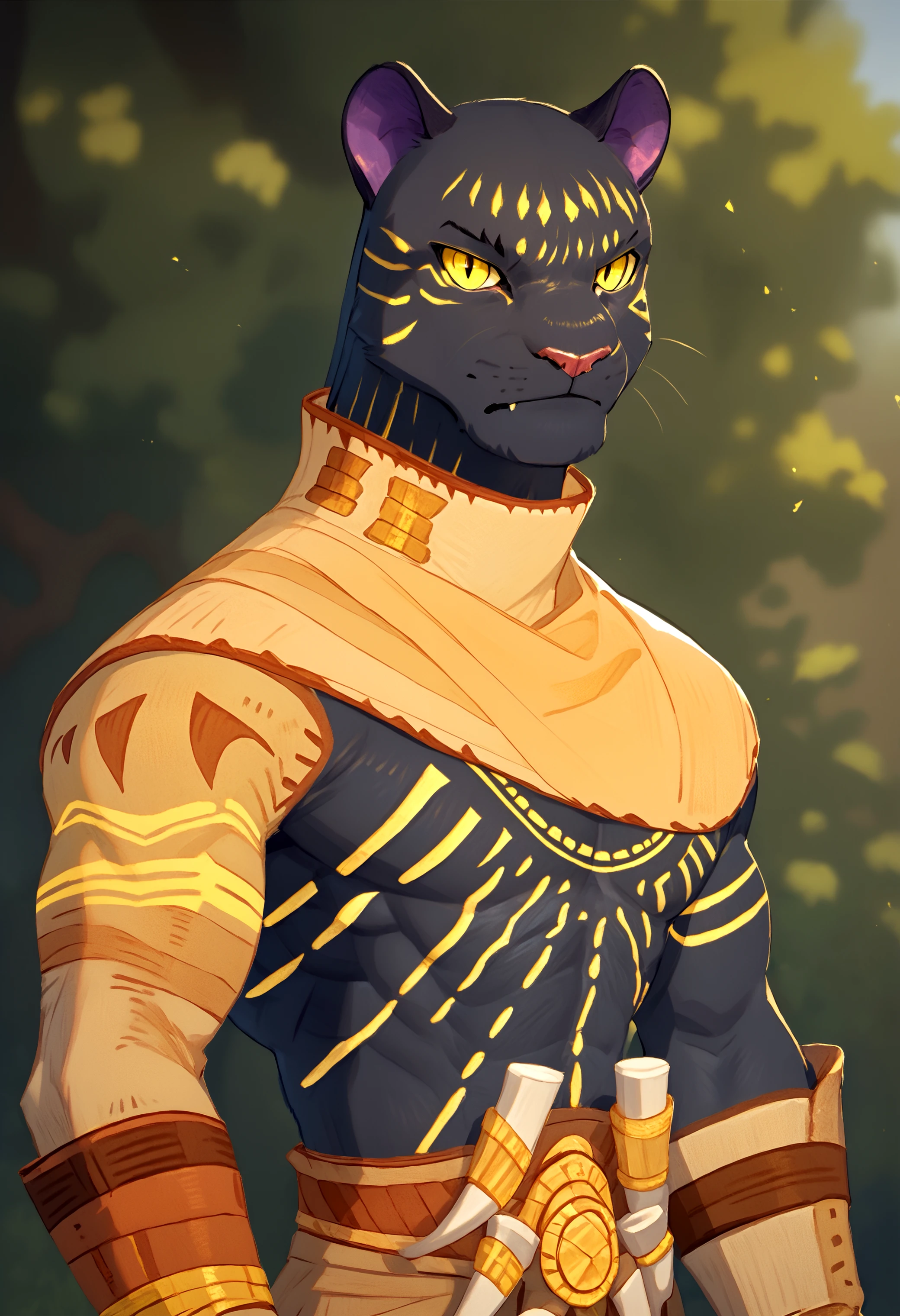 score_9, score_8_up, score_7_up, solo, 1boy, <lora:SethAFK_Journey-000004>, seth, furry male, panther, yellow markings, black fur, black slit pupils, yellow eyes, panther ears, looking at viewer, pants, clothes, outside,