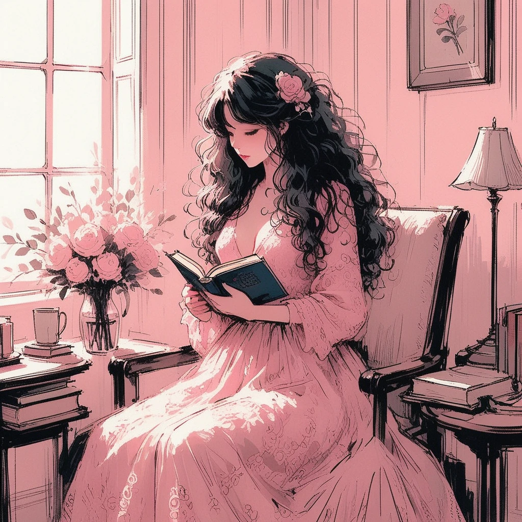 Special Ink-drawing mode, intricate linework with expressive contrasts, vibrant and muted colors blend harmoniously, era 2020s fantasy, varied fashion themes, solo, bold and imaginative style, Rating SFW, closeup shot of a beautiful woman with long curly hair and light pink lips in a pink lace dress with a book, in a cozy room, soft lighting with dynamic highlights