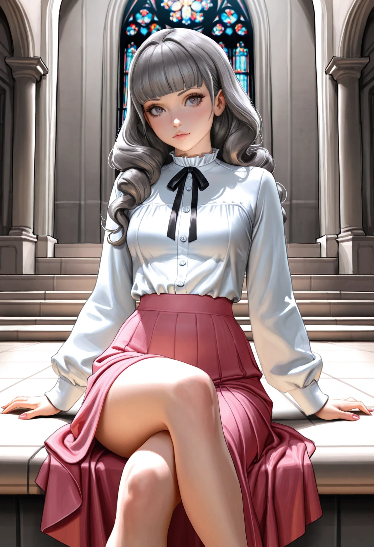 masterpiece, best quality, amazing quality, very aesthetic, absurdres, newest, 1girl, detailed face,
[[[[bartolomeobari, realistic, sakimichan]]]], grey cathedral background, 
<lora:marina_illustr2-000004:1> white shirt, pink skirt, long skirt, grey hair, mar1na_fear, small breasts, long sleeves, long hair, bangs, black ribbon, neck ribbon, blunt bangs,
sitting, crossed legs