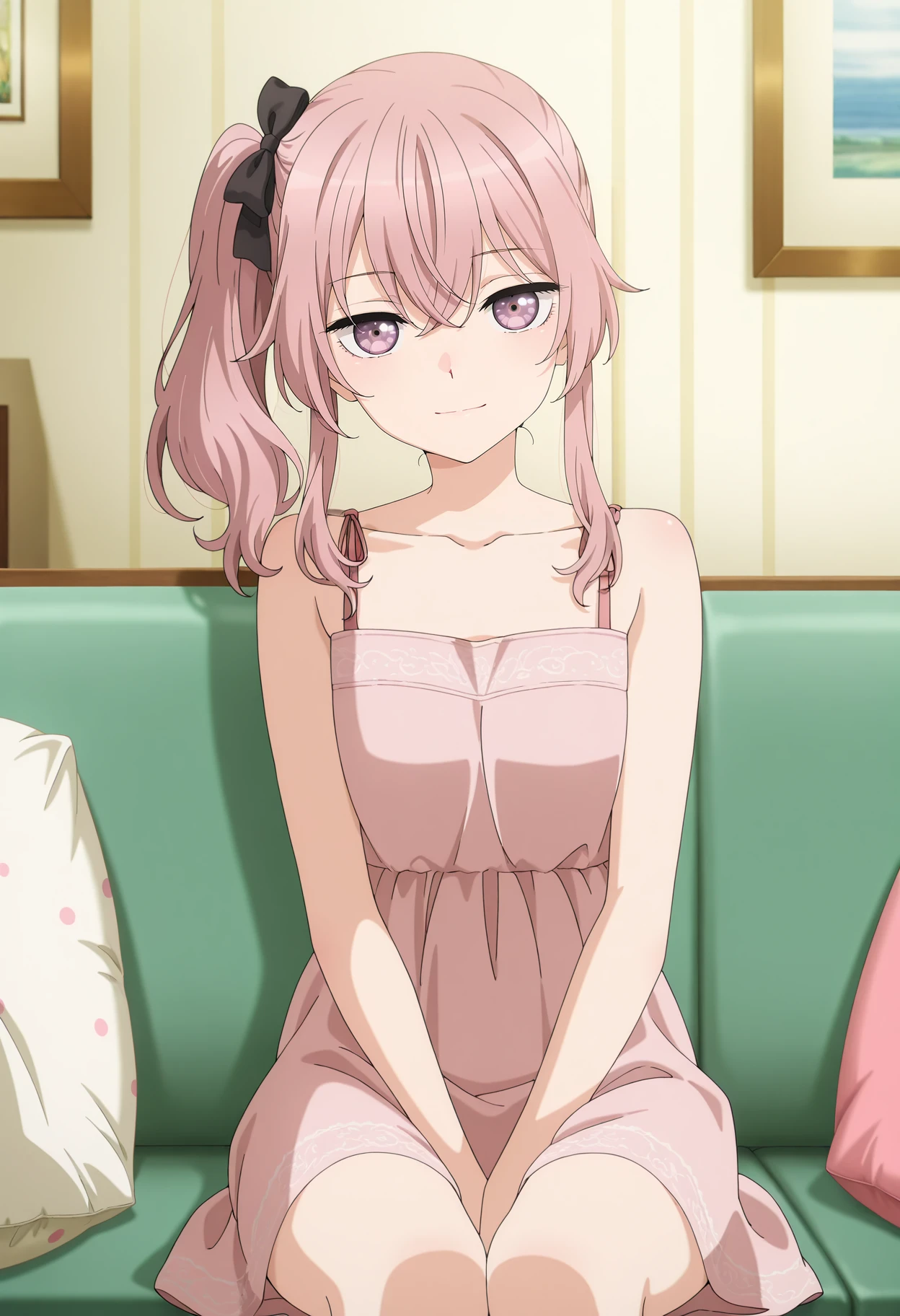 anime screencap, masterpiece, best quality,
<lora:SonoBisqueDoll_InuiSajuna_IlluXL:0.9>,
1girl, solo, closed mouth, light smile,
pink hair, high ponytail, side ponytail, multicolored eyes, hair bow,
bare shoulders, collarbone, pink dress,
sitting, looking at viewer,
indoors, living room, on couch, pillow