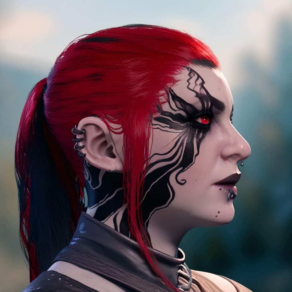 female fous, solo focus, solo, score_9, score_8_up, score_7_up, <lora::1> 1 girl, goth girl, goth makeup, pale skin, red hair