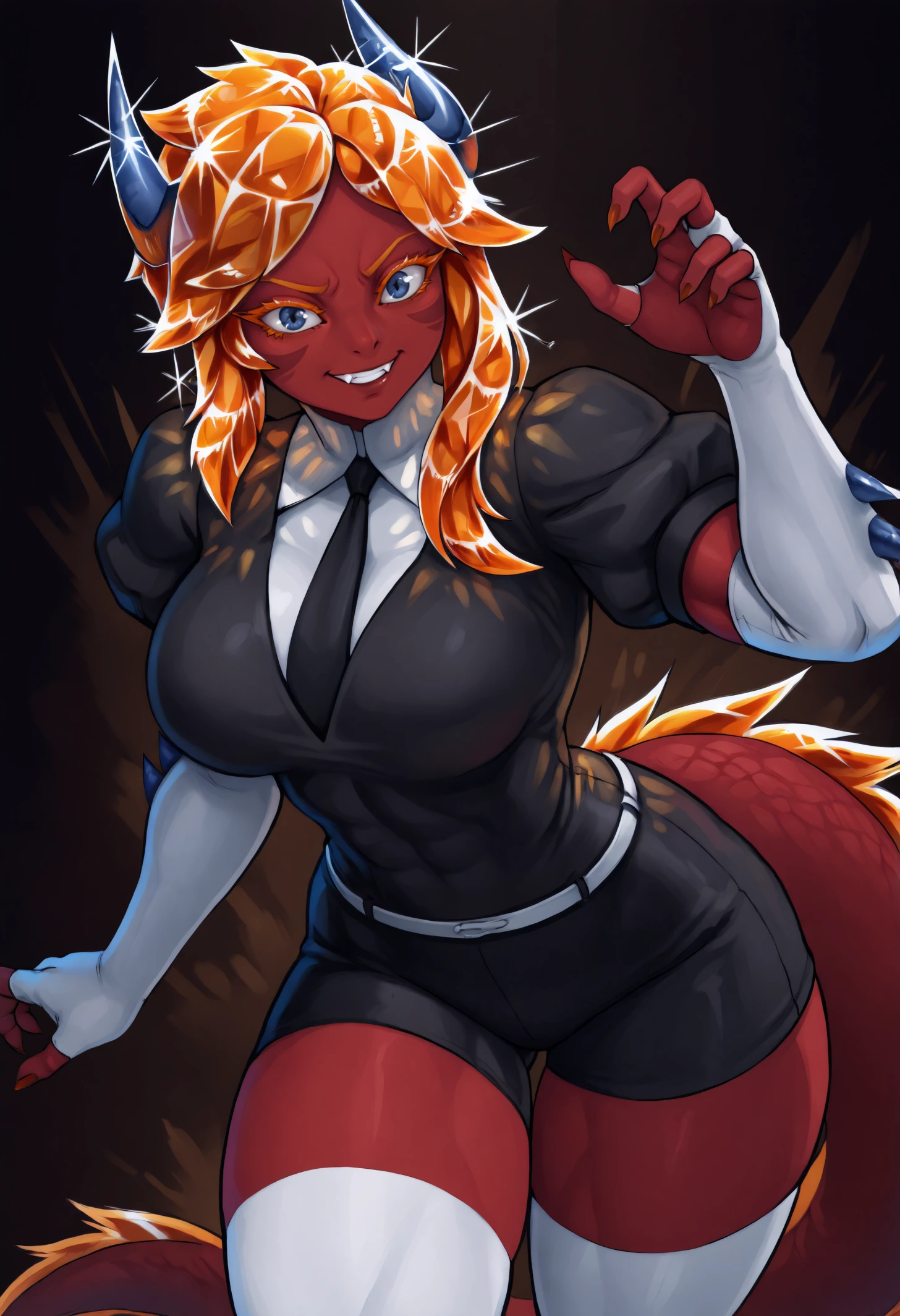 masterpiece, best quality, 1girl, dragon girl, two-tone skin, colored skin, red skin, body markings, blue spikes, dragon horns, blue horns, blue eyes, fang, orange hair, short hair, single sidelock, lizard tail, red tail, large breasts, sharp nails, nail polish, muscular female,
(crystal hair, colored eyelashes:1.3), long eyelashes, shiny hair, gem uniform \(houseki no kuni\), black shirt, short puffy sleeves, white elbow gloves, white fingerless gloves, black necktie, white belt, black shorts, white thighhighs,
looking at viewer, smile, teeth, grin, fangs, serious, hand up,
abstract background, dark background, shiny, sparkle,
<lora:CrystalHair_illusXL_Incrs_v1:1.0> 
<lora:Arklai-Croxot-NoobAi-1.1_V1-Manityro-CAME:1.0>