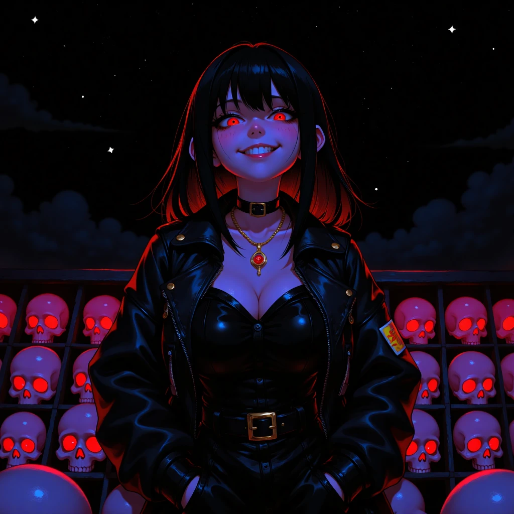 A gothic-inspired cartoon character stands out against a dark, starry night sky, dressed in a sleek black leather jacket adorned with a gleaming gold necklace. The character's head is illuminated by piercing bright red eyes, a striking contrast to the monochromatic outfit. In the background, a grid of pink and white skulls adds texture and depth, set against a deep black canvas.