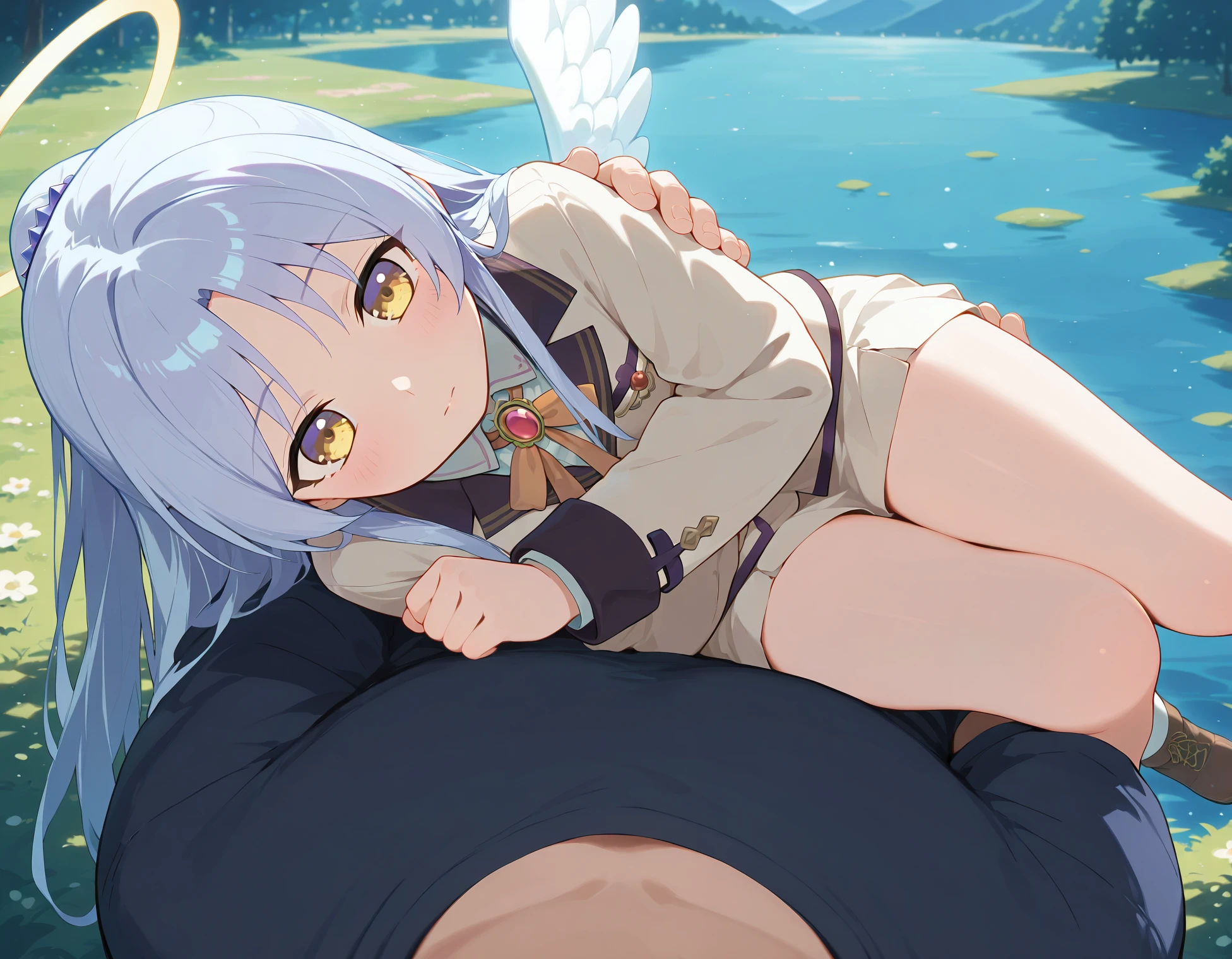 anime style, 1masterpiece, absurdres, best quality, 1girl, tachibana_kanade, angel wings, 1boy, standing, pov, p0vpr1nc4rry, princesscarrypose, carrying person, from above, on side, lying on arms, outdoors