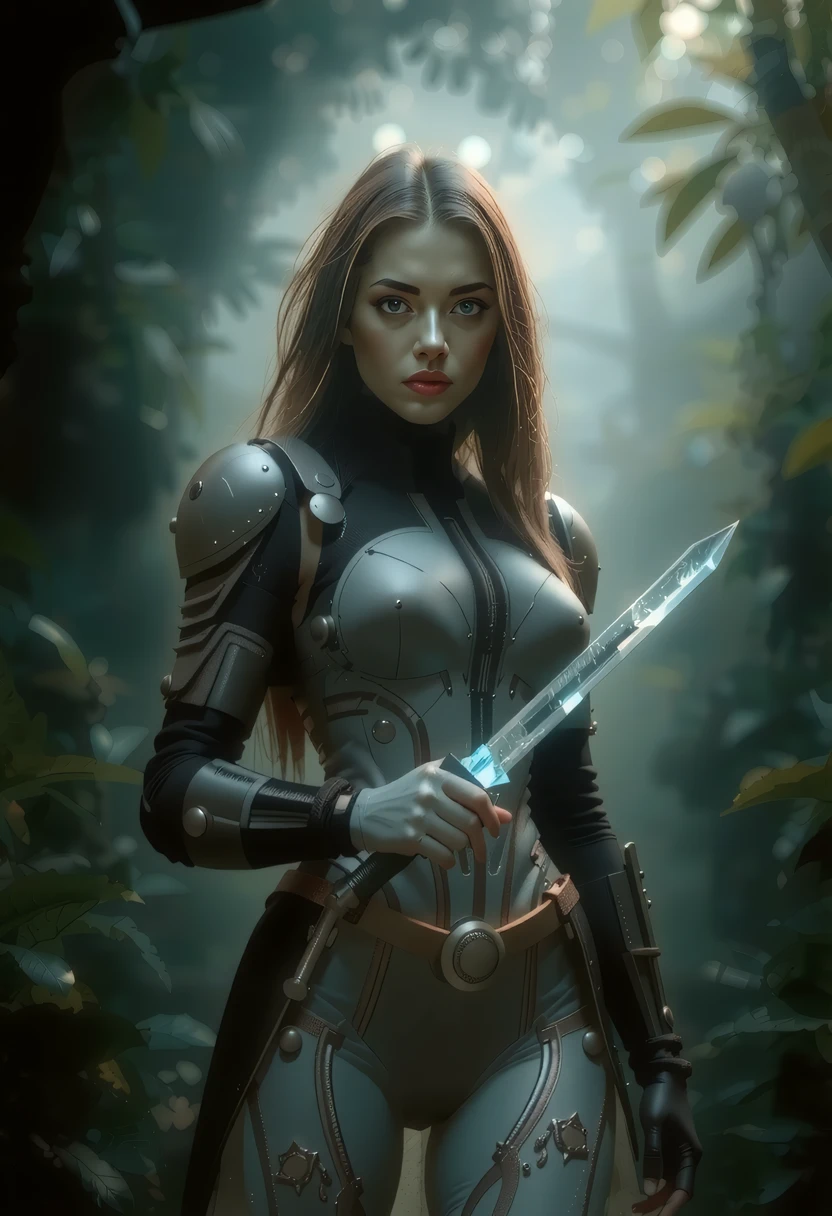 vikingpunk style, futuristic warrior-princess emerges from the heart of a densely mist-shrouded jungle, the lush canopies overhead filtering the sunlight with an atmospheric perspective. Clad in a sleek suit homespun fibrous armor that seems grown from the plants around them, her athletic physique is accentuated by the high tech augmented enhancements. Her raven-black hair cascades down her back, her piercing dimly glowing mechanical eyes gleam with an unyielding determination. A slender, crystalline energy sword dangles in her grasp, pulating with an echo the heartbeat of the jungle itself. The humid air whispers of ancient secrets hidden within the mist-shrouded ruins scattered throughout the jungle.  <lora:flux/ARTifacts>, <lora:art and styles/MysticFantasy.safetensors:1.0>,   <lora:flux/perfection style v2d.safetensors:1.0>, perfection style, <lora:flux/Sinfully Stylish .02 for FLUX-000002.safetensors:1.0>,  <lora:artist/style of Jay Anacleto FLUX 106.safetensors:1.0>, style of jay anacleto,