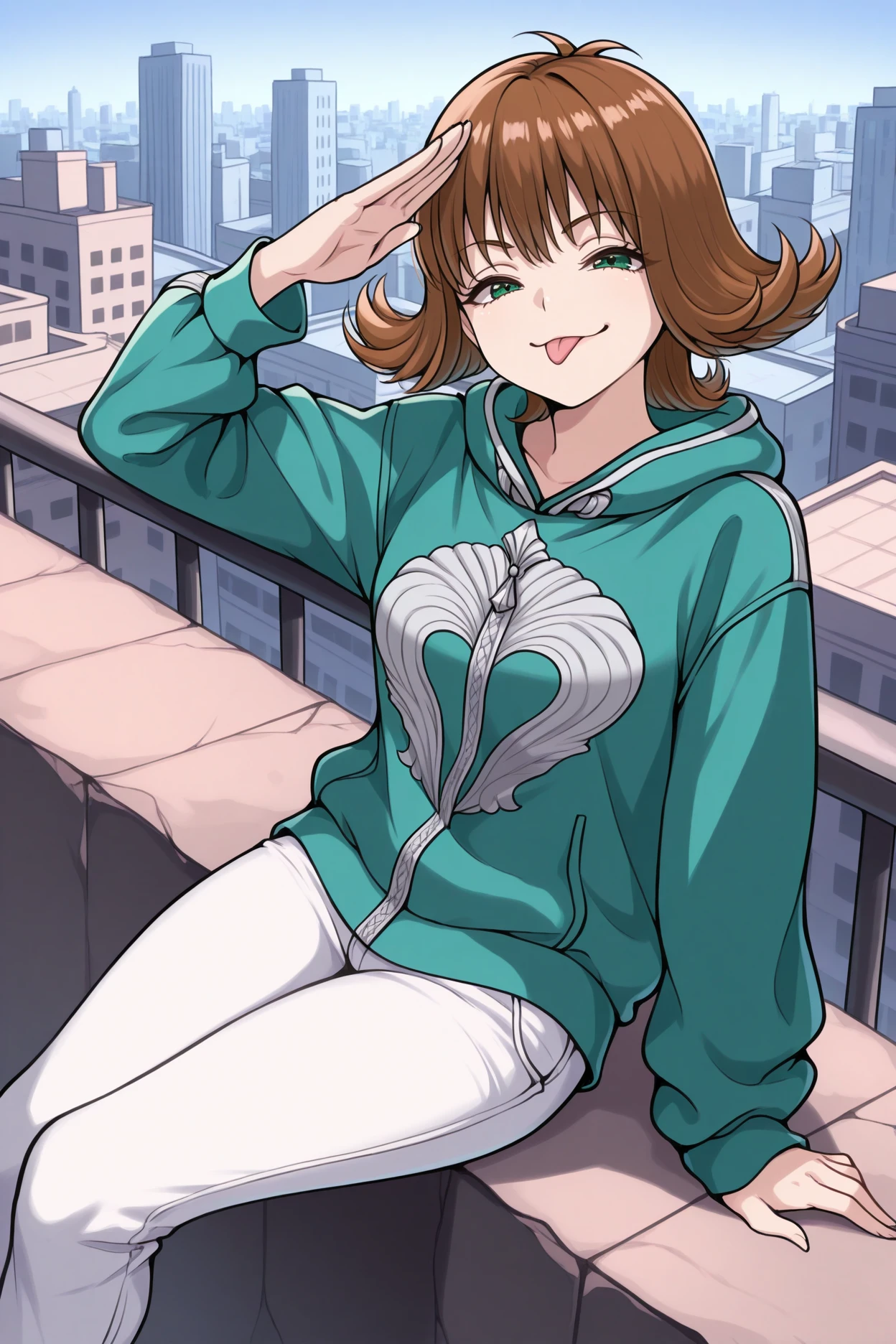 masterpiece, best quality, 1girl, solo <lora:ffselphie-illu-nvwls-v1-000006:1> ff8sphe, brown hair, flipped hair, short hair, green eyes, aqua hoodie, white pants, sitting, tongue, city, ledge, salute, looking at viewer, smug, happy