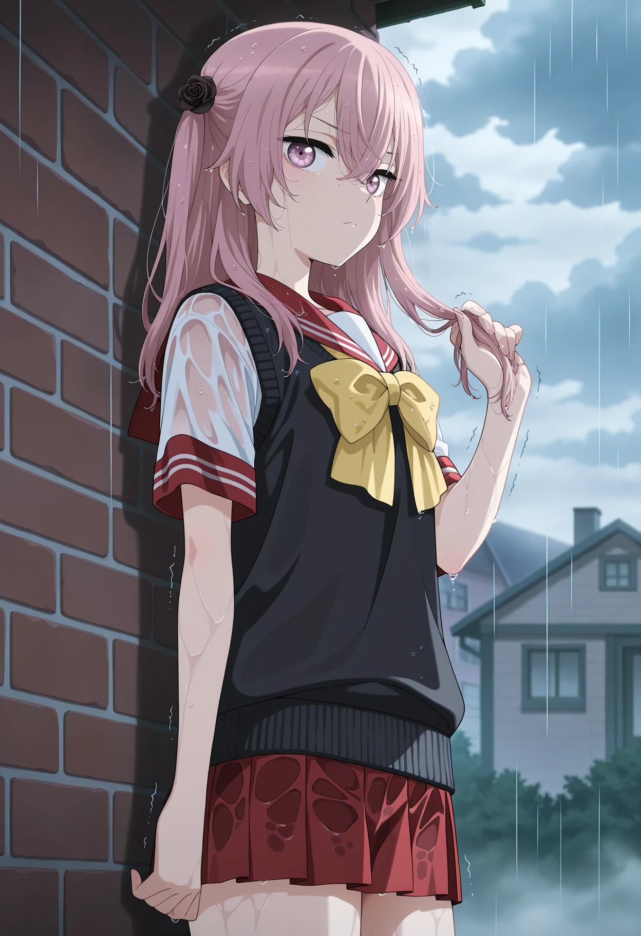anime screencap, masterpiece, best quality,
<lora:SonoBisqueDoll_InuiSajuna_IlluXL:1>,
1girl, solo, frown,
long hair, two side up, crossed bangs, pink hair, multicolored eyes, hair flower, black rose,
SajunaSchool, serafuku, red sailor collar, yellow bow, sweater vest, black vest, short sleeves, pleated skirt, red skirt,
holding own hair, wet shirt, wet skirt, wet hair, trembling,
standing, looking at viewer, cowboy shot, thighs,
outdoors, cloudy, fog, rain, raining, brick wall, house