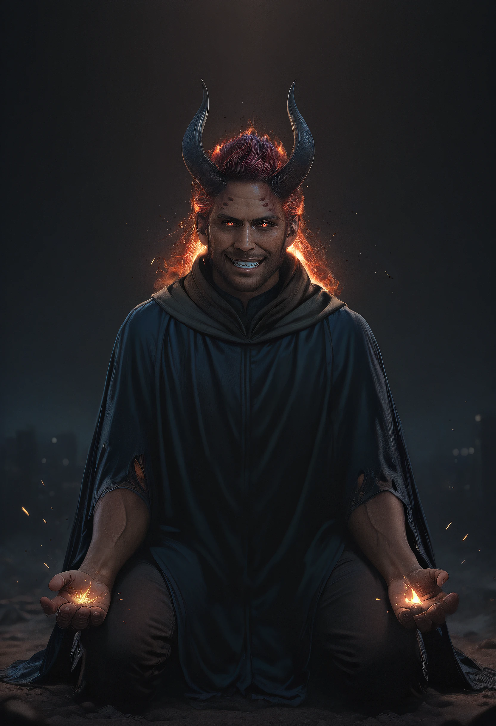 embedding:SDXL\Positive\HDA_MasterpieceXLclassic, womby_artstyle, realistic, dark theme, low light, handfixer, 1boy, mature male, demon, grin, smug, cinematic lighting, solo, dark red curls, fade from dark to light red curls, sparks, bokeh, black curved ram horns, glowing hair, pale skin, glowing sparks on hand, energy charge, red sigil, torn clothes, muscular, cloak, crumble walls, desolate city, city background, kneeling, depth of field, vfx, fire dust, ashes, masterpiece, high resolution, best quality