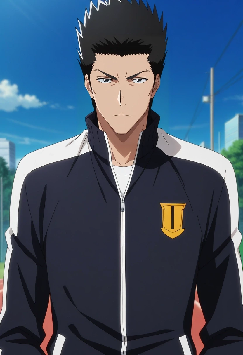 masterpiece, best quality, , anime screencap, , , looking at viewer, 1boy, solo, male focus, <lora:isshin_kurosaki_ilxl:0.92>, isshin_kurosaki, black hair, black eyes, short hair, spiked hair, , , track jacket,